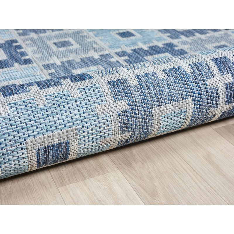 Tapis intérieur / extérieur en polypropylène tissé à la machine Toniana, Bleu, 8 pi 10 po x 11 pi 10 po