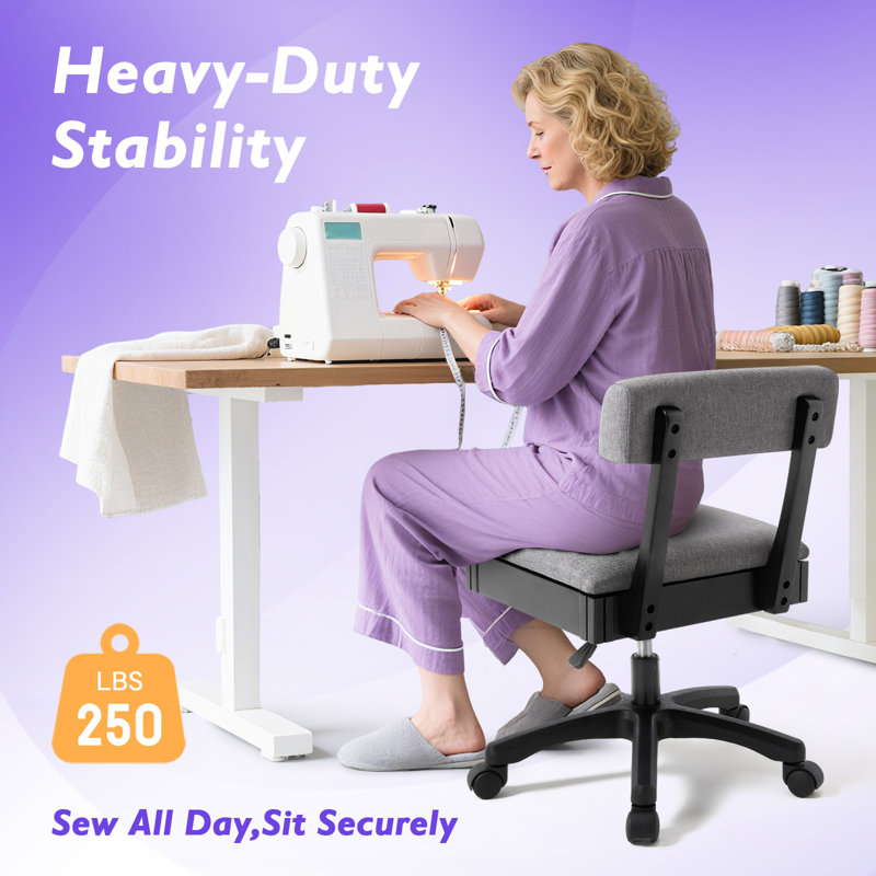 Sewing Chair with Under Seat Storage & Wheels Crafting Rolling Chair Adjustable Height Hydraulic Armless Sewing Machine Chair for Crafting, Quilting, Artists,Grey