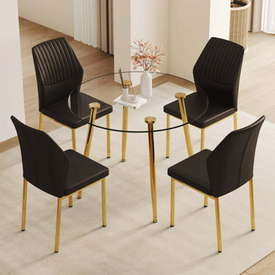 Table And Chair Set, Modern Luxury Glass Dining Table And Chair Set - Metal Legs,Paired With 4 PU Material High Resilience Dining Chair With Metal Leg