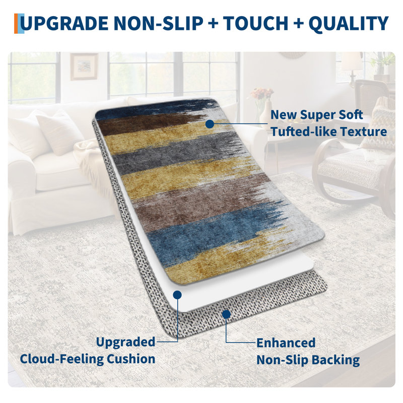 Modern Washable Area Rug Soft Low Pile Distressed Print Carpet with Non Slip Rubber Backing Easy Maintenance, for Living Room, Bedroom, Home Office