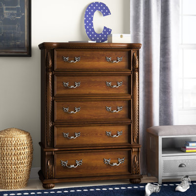 56 Inch Classic Tall Dresser Chest, 5 Drawers, Antique Handles, Wood Brown