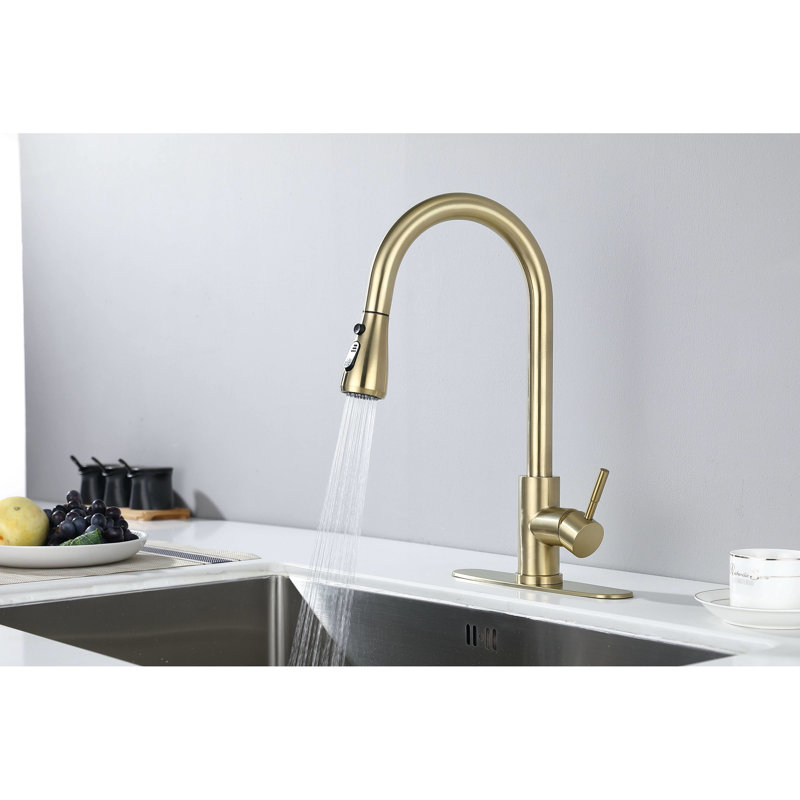 Brushed Gold Stainless Steel Kitchen Faucet With Pull Out Spray, 360 Rotating Nozzle, Corrosion & Rust Trait, Brushed Gold