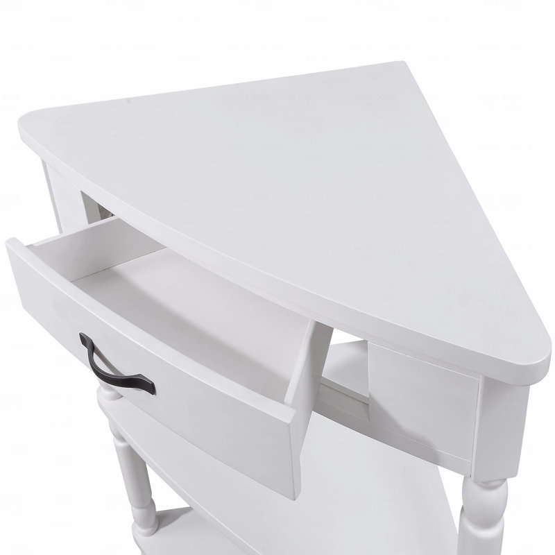 Petite table de coin triangulaire 33,8 po, table de coin en bois pour petits espaces / salon, table de bout à 3 niveaux avec pieds en bois massif, blanc laiteux