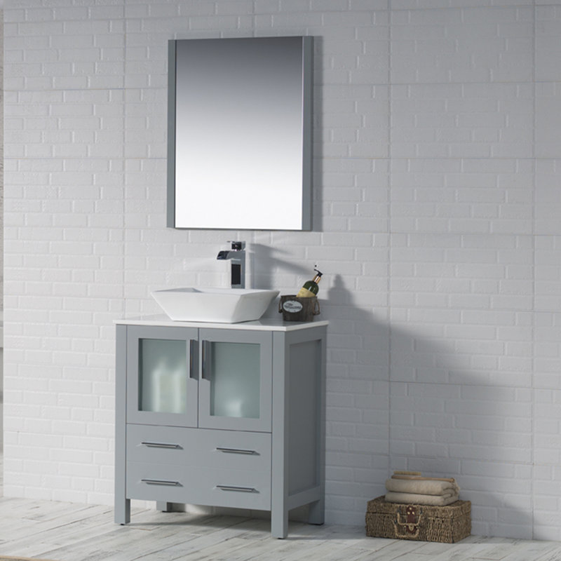 Mance 30.125 " W Freestanding Standard Single Vanity Bathroom Vanity With Ceramic Top with Mirror, Metal Gray