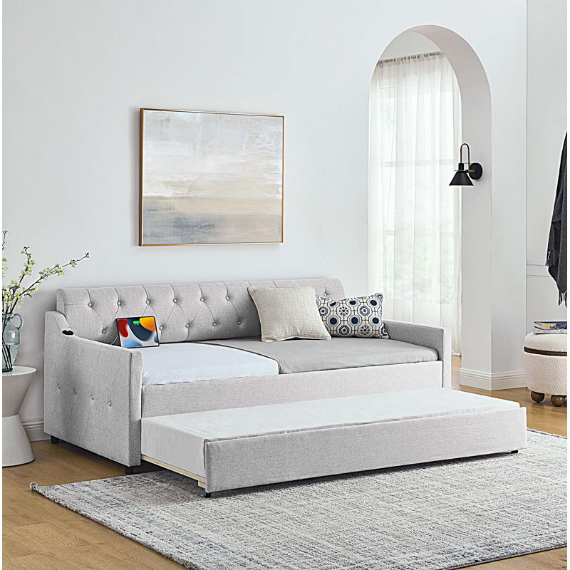 Twin Size Upholstery DayBed with Erectable Trundle and USB Charging, Beige
