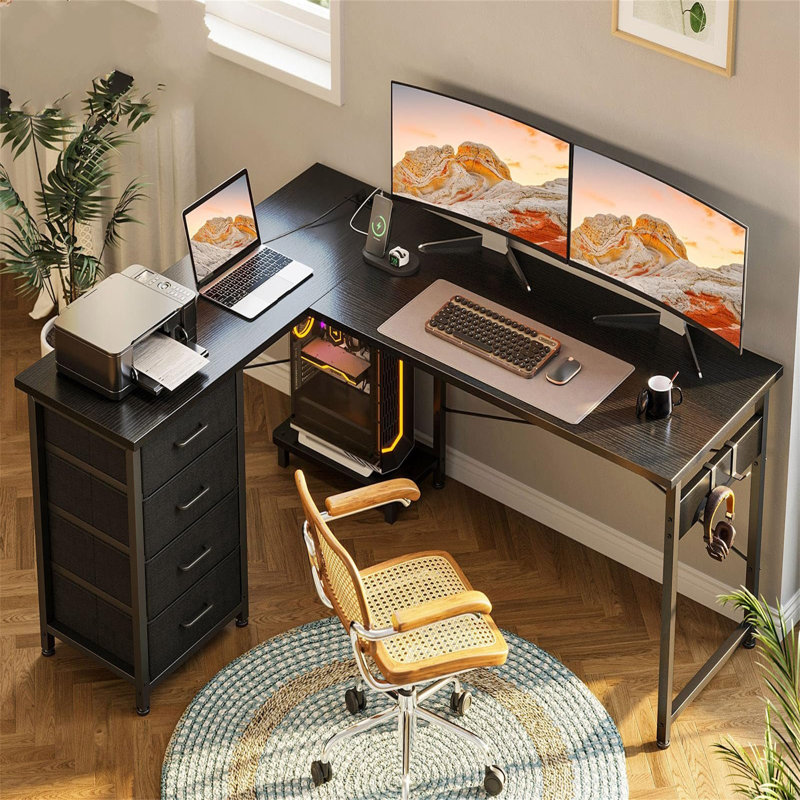 Brenice L-Shaped Metal Base Computer Table with Power Outlet, Brown, white and pink