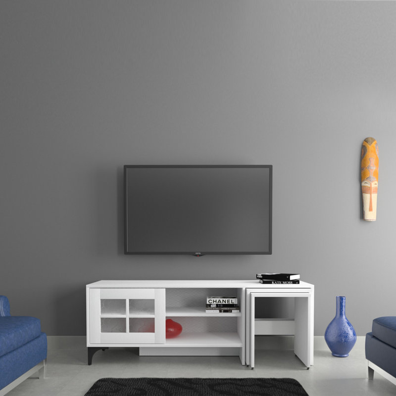 Meuble télé moderne blanc de 59,1 po x 21,3 po x 16,5 po | 100% panneau de particules enduit de mélamine, épaisseur: 0,7 pouce | Comprend 2 tables gigognes (16,5 et 14,9 pouces) | Design élégant et fonctionnel pour le salon et les espaces de divertissement