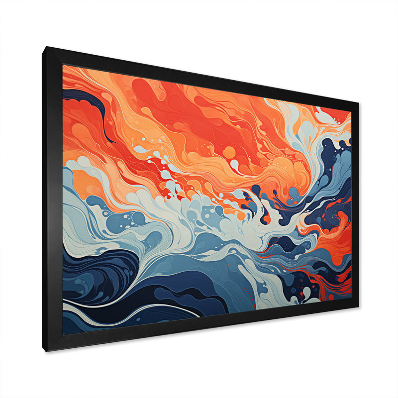 Encre liquide bleue et orange «Waves I» - art mural abstrait à encre liquide, Cadre d'angle fermé noir