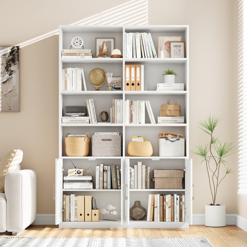 Kirklyn 73"H Storage Bookcase With Doors, Standard Bookcase with 8 Open Shelves, White