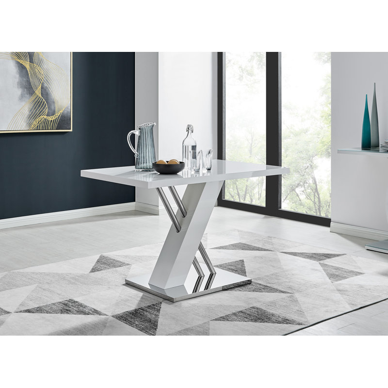 Sorro Cross Luxury High Gloss & Chrome Dining Table Set with 4 Upholstered Faux Leather Chairs