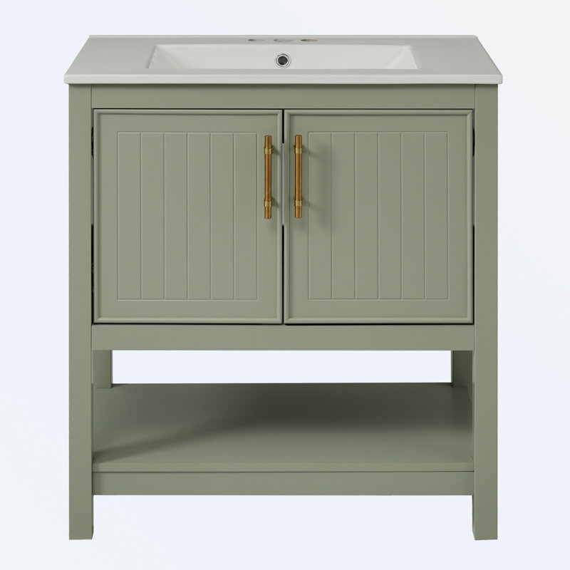 Bathroom Vanity with Ceramic Sink and Versatile Storage, Green