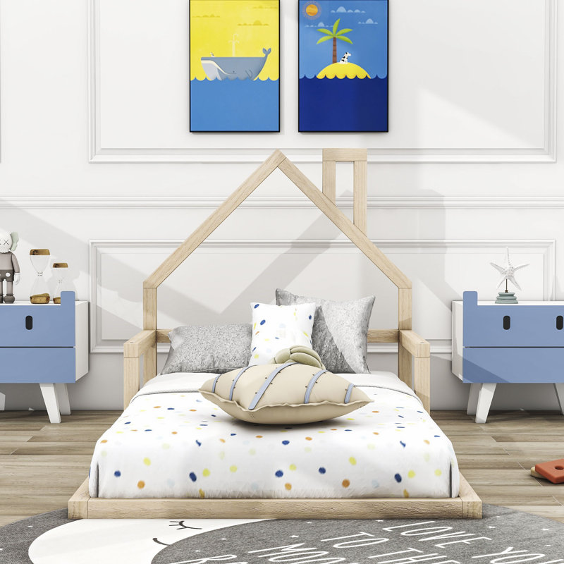Wood Floor Bed with House-shaped Headboard, Natural, Twin