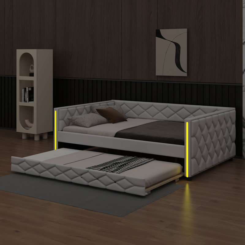 Lit de jour rembourré avec lit gigogne et lumières DEL, canapé-lit avec dossier pour chambre d'amis, salon