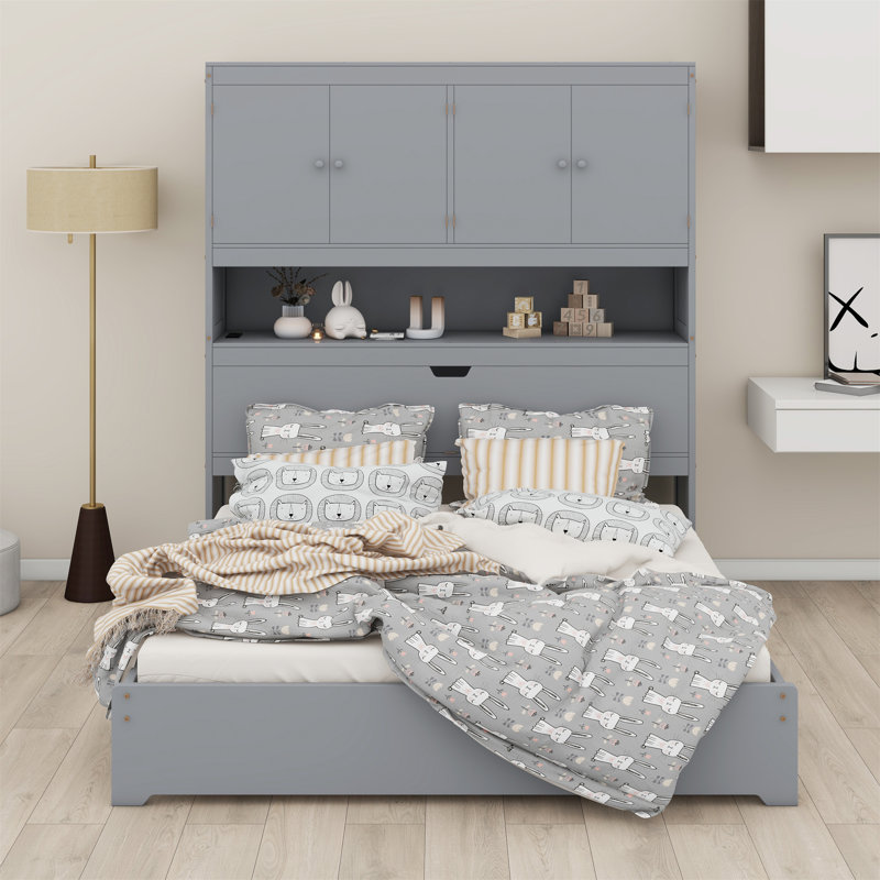 Lit plateforme en bois avec port USB, tête de lit et tiroirs de rangement, Gris