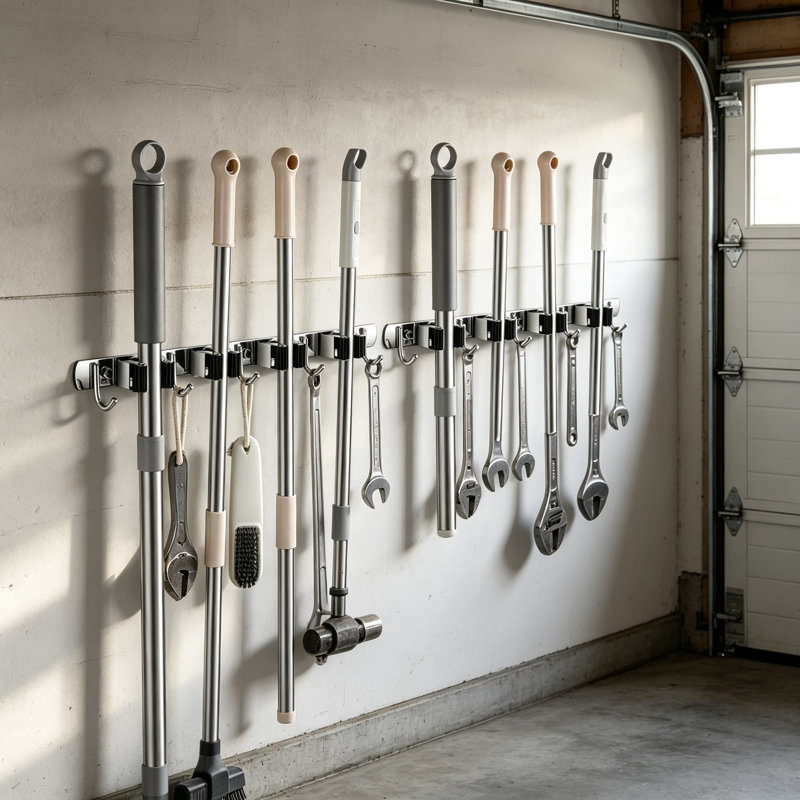 Support mural robuste pour balai et vadrouille avec 4 supports et 5 crochets, rangement pour outils en acier inoxydable pour le garage, la salle de lavage et le rangement pour le jardin