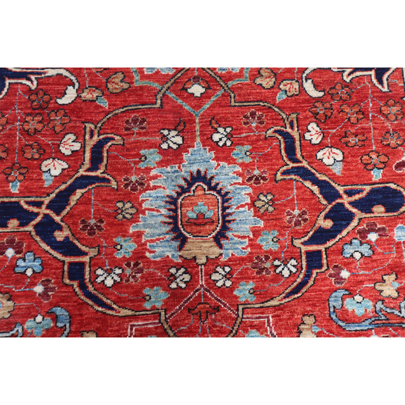 Hand Knotted Wool Area Rug in Red And Light Blue