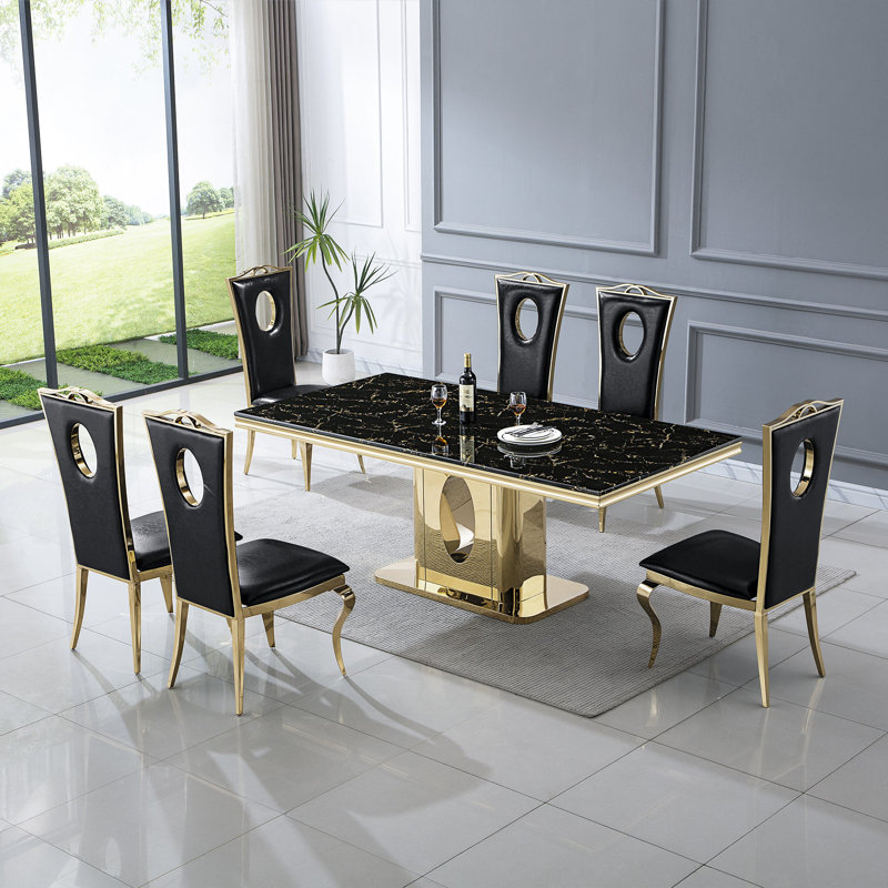 Table de salle à manger Burdell Dt318, Noir, noir, noir, noir, Doré