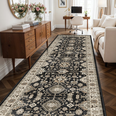 Washable Hallway Rug: Non Slip Rugs with Rubber Backing Soft Kitchen Rug Farmhouse Distressed Carpet Runner for Living Room Bedroom Bathroom (Black)