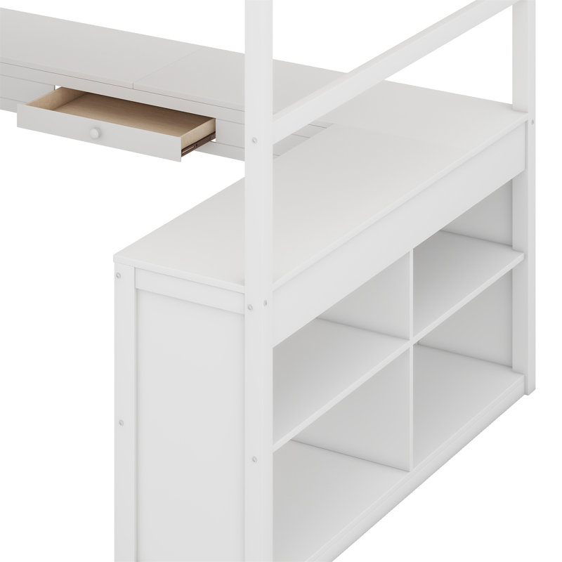 Lit mezzanine en bois avec bureau en U, compartiments de rangement et miroir à trois volets, Blanc