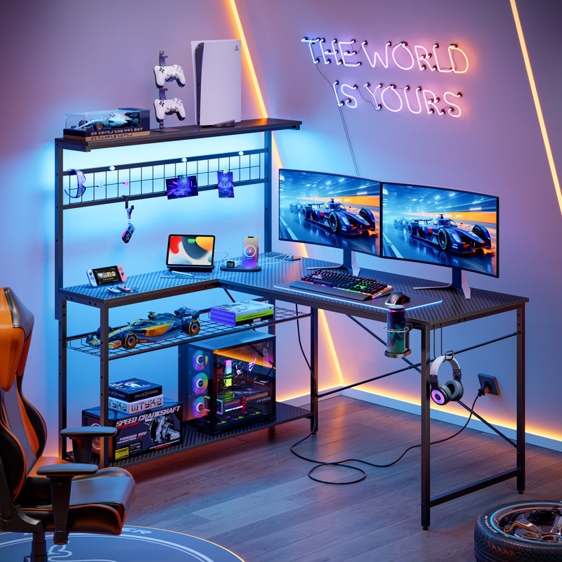 Zabarskaya Gaming Desk, Computer Desk with Power Outlets, LED Lights, Reversible Corner Desk with 4-Tier Shelves,Cup Holder & Hook Carbon Fiber