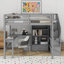 Lit mezzanine double avec bureau et tiroirs, armoire et escalier de rangement-387098184