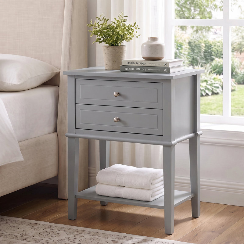 Table de chevet 28 po à 2 tiroirs avec tablette de rangement, gris, Gris