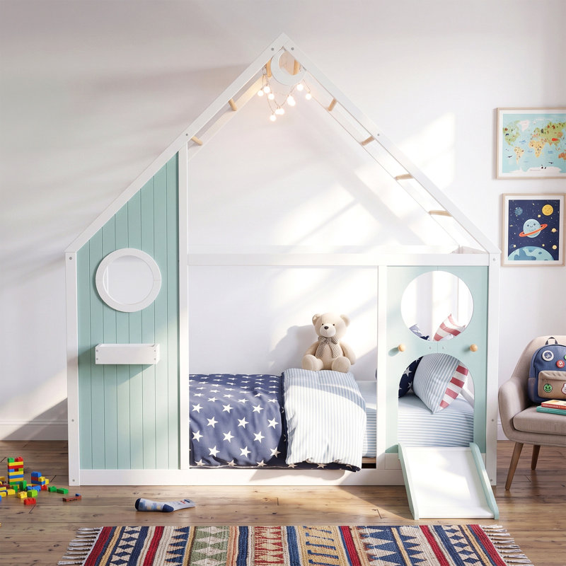 Lit simple avec glissade, bande lumineuse en forme de boule, lit plateforme en bois avec façade, panneau d'ameublement amusant