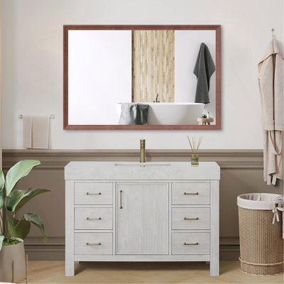 Miroir de salle de bain 48 po x 32 po rectangulaire moderne surdimensionné avec cadre en noyer