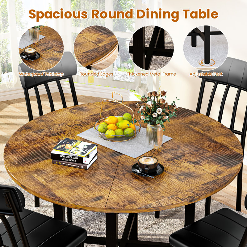 Ensemble de 5 chaises de table de cuisine, ensemble de table de salle à manger pour 4 personnes, ensemble de table de salle à manger ronde avec quatre chaises et plateau en bois, ensemble de table de salle à manger avec dossier pour les petits espaces, la salle à manger ou le salon