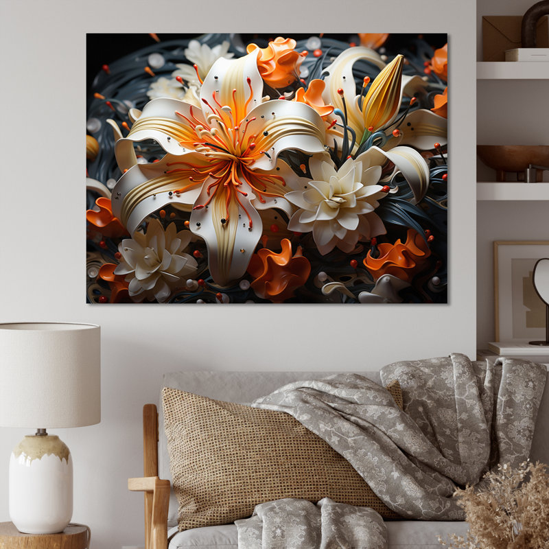 " Peach White Lilies Vibrant ", 34" H x 44" W x 1.5" D, Wrapped Canvas