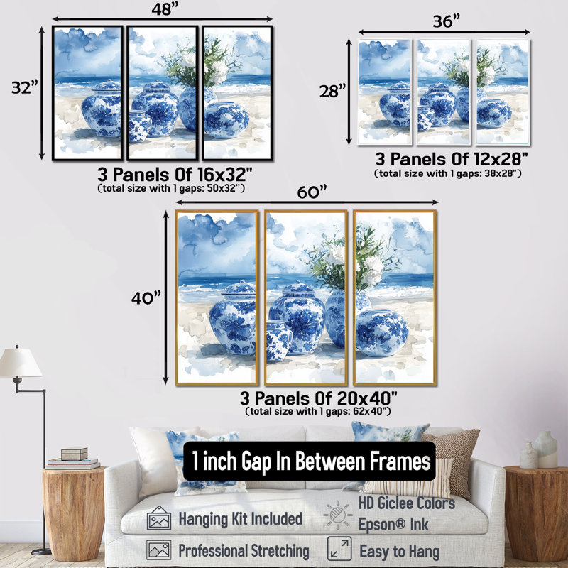 «Blue and White Coastal China Pottery - Boho Pottery», ensemble de reproduction d'art mural, Toile avec cadre flottant noir