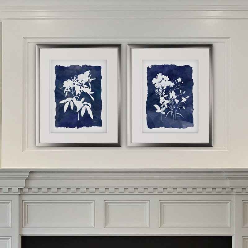 Indigo Botanical - ensemble de 2 cadres photo sur papier, H 20 po x l 32 po, Cadre argenté