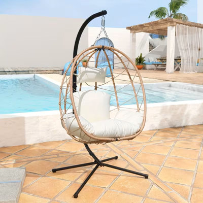 Hanging Egg Chair With Stand, Outdoor Swing Egg Chair With Cushion Headrest, Wicker Egg Chair For Patio, Porch, Garden