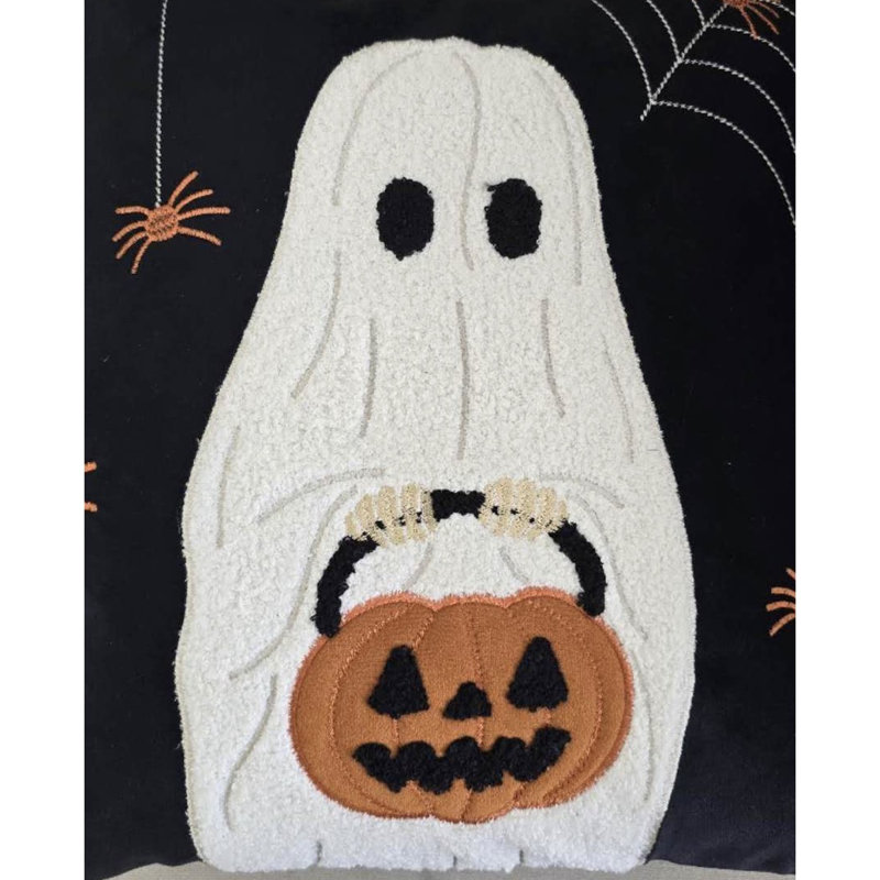 Coussin Halloween, Carré 20 po, Fantôme noir avec citrouille