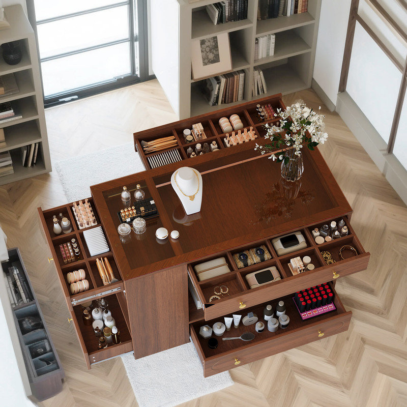 Îlot de placard moderne avec plateau en verre, 6 tiroirs et tablettes ouvertes, Noyer