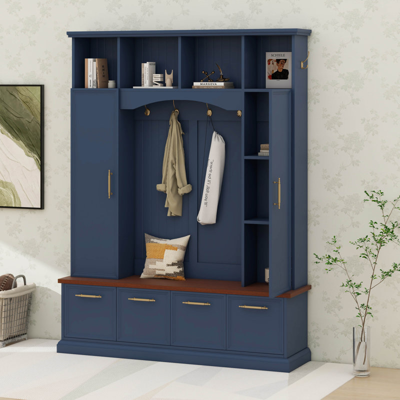 Hall Tree With Hooks & Handles, Adjustable Shelves, Farmhouse Wooden Style Coat & Shoe Rack