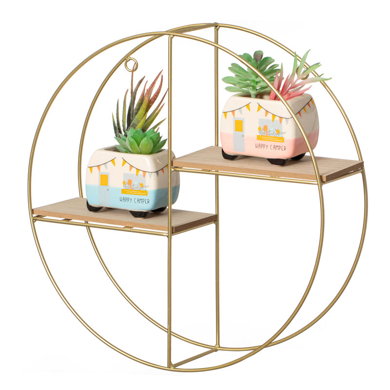Mercer41 Elegant 2-tier Decorative Floating Circular Silhouette Wall Shelf - Circular Metal And Wood Wall-mounted Shelf For Entryway, Bathroom, Bedroom, And Living Room Decor, Gold Finish