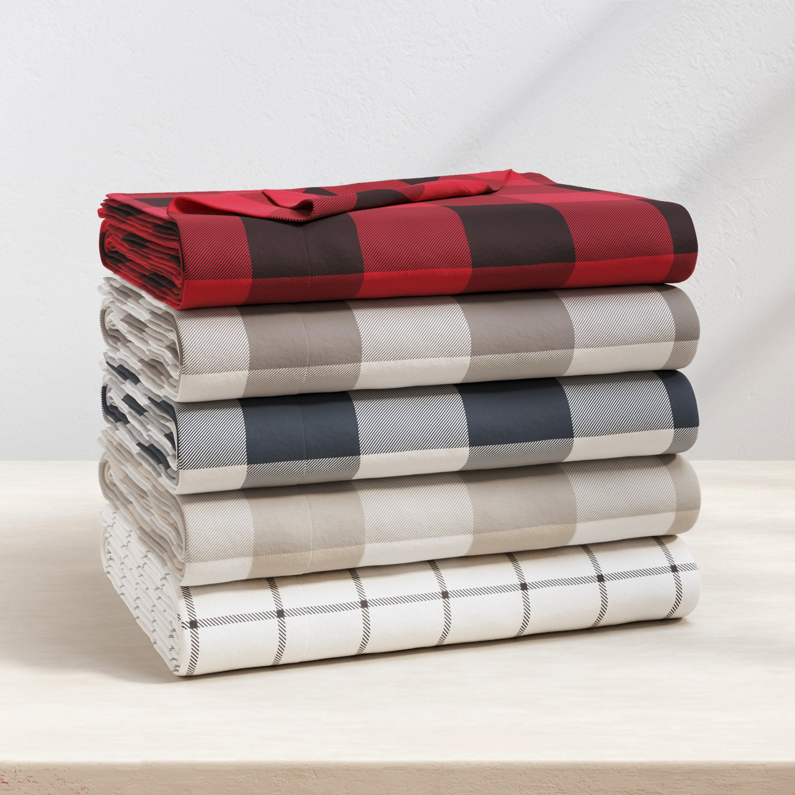 Raye Cotton Flannel Sheet Set, King with 2 Pillowcases, Buffalo Check - Soft Taupe / Pale Gray
