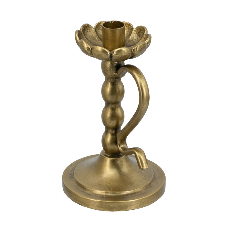 Porte-bougie décoratif en fer doré avec motif nervuré et poignée courbée, H 7,3 po x l 4,9 po x P 4,3 po