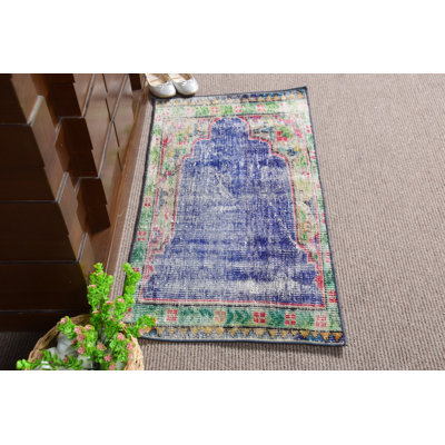 Tapis de porte turc rétro fabriqué à la main en bleu pour un décor de vestibule vibrant et invitant