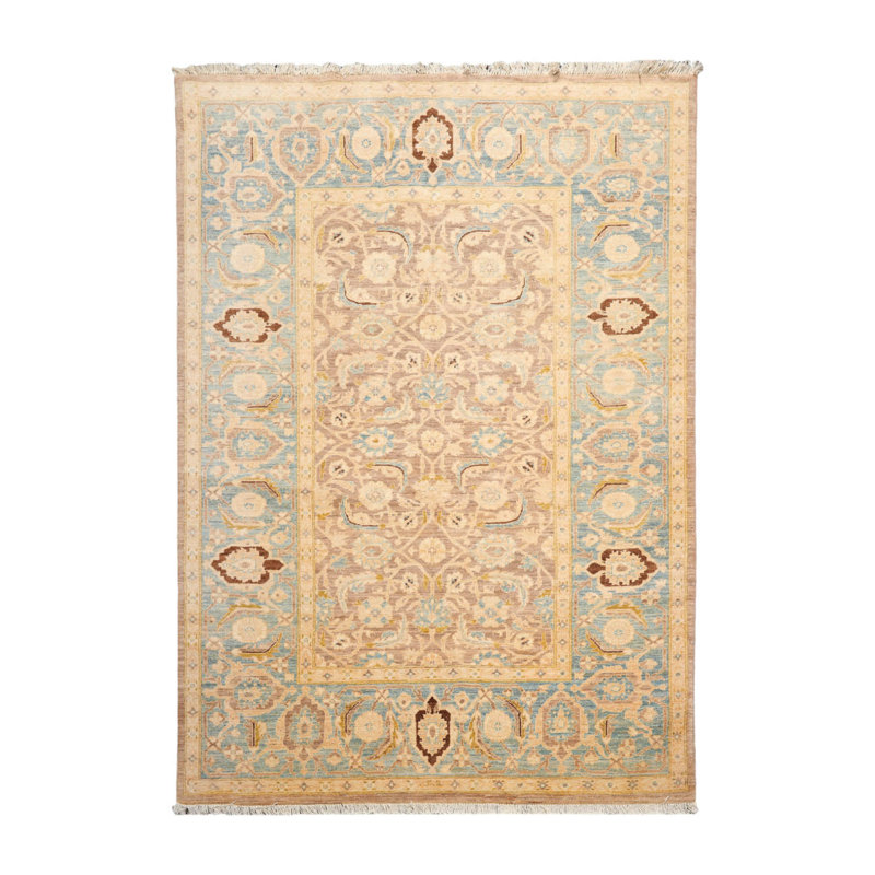 Tapis unique en laine noué à la main 6 pi x 8 pi 9 po en taupe / turquoise / brun