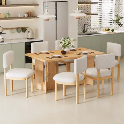 Farmhouse Wood Dining Table Set for 6 with 6 Upholstered Chairs, 60" Rectangular Dining Table with Cutout Table Legs for Dining Room, Kitchen and Livi