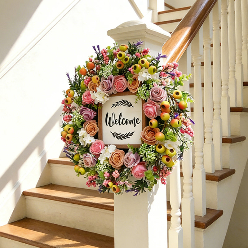 15.75-Inch Artificial Wreath With Berries And Welcome Sign For Porch Decoration, Indoor And Outdoor Home Decoration for All Seasons