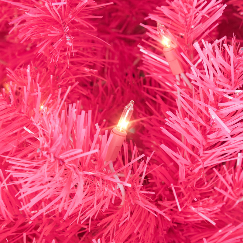 Artificial Tinsel Christmas Tree - Pink - Clear Lights, 7', Pre-Lit