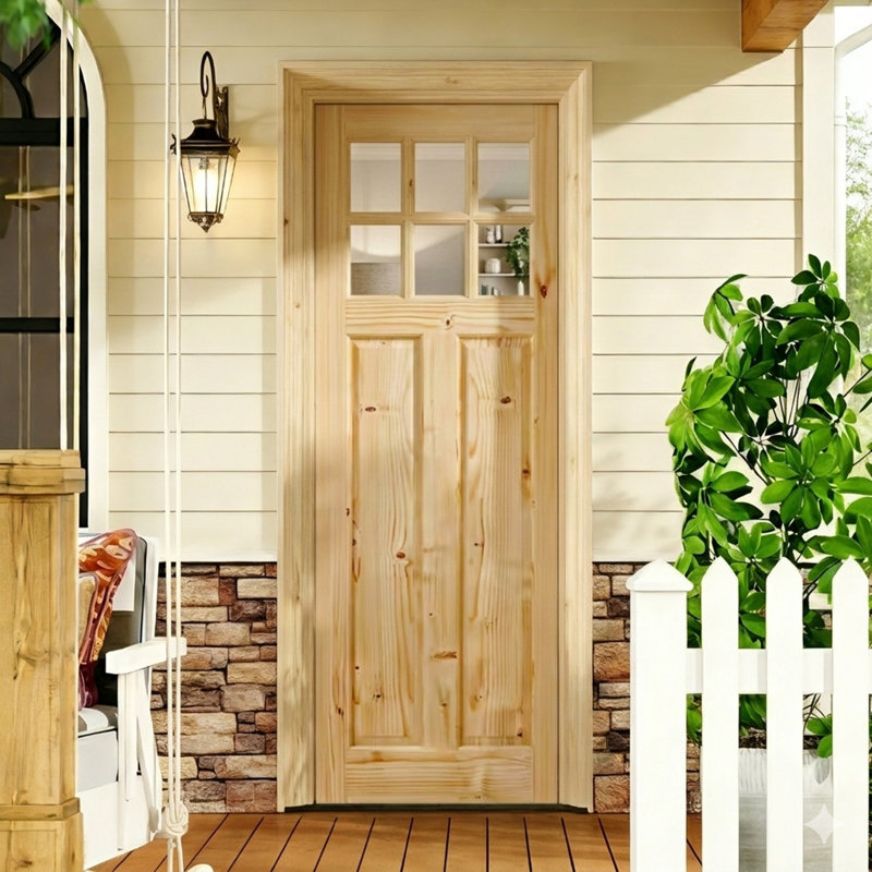 Pine Entry Door Slab With Sound-Reducing Natural Pine Frame - 6 Lite Clear Glass , Solid Wood, Right, L 32 po x H 80 po