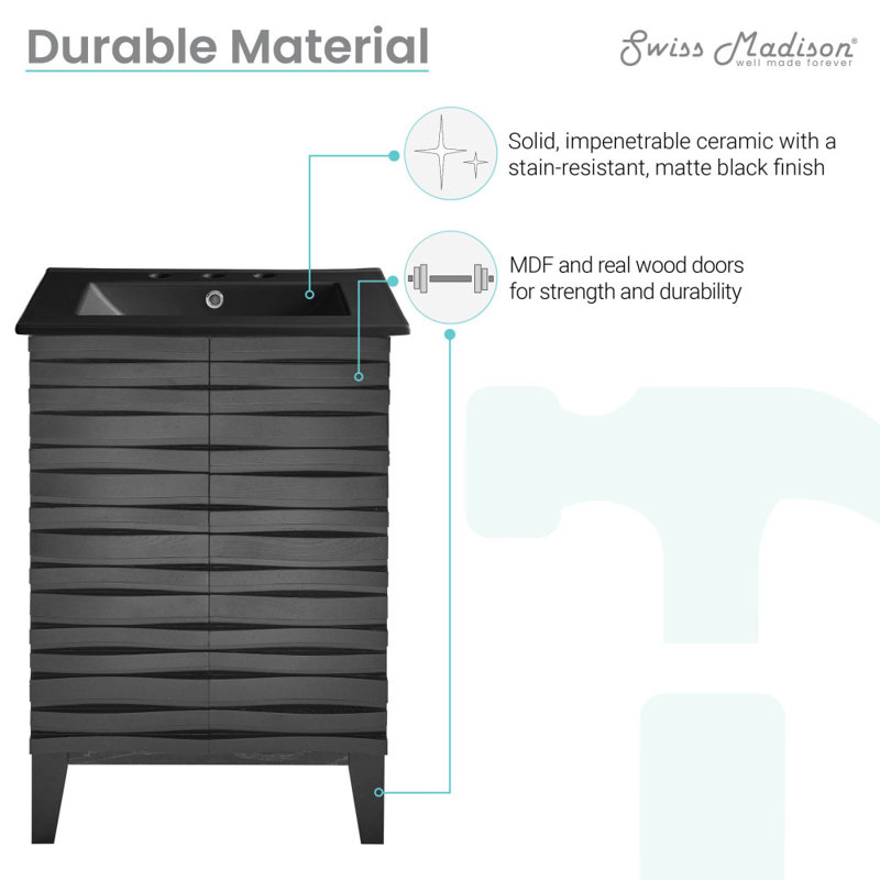 Cascade 24 in. Black Oak Bathroom Vanity With Black, 3-Hole Ceramic Sink Top, Black