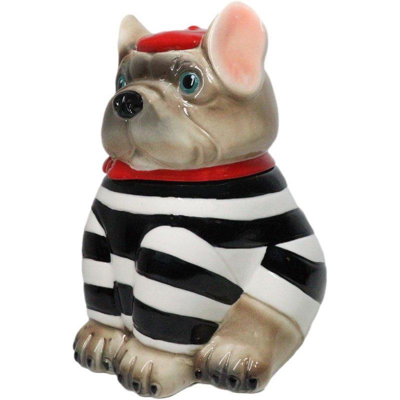 Bouledogue français en céramique avec béret rouge et bocal à biscuits