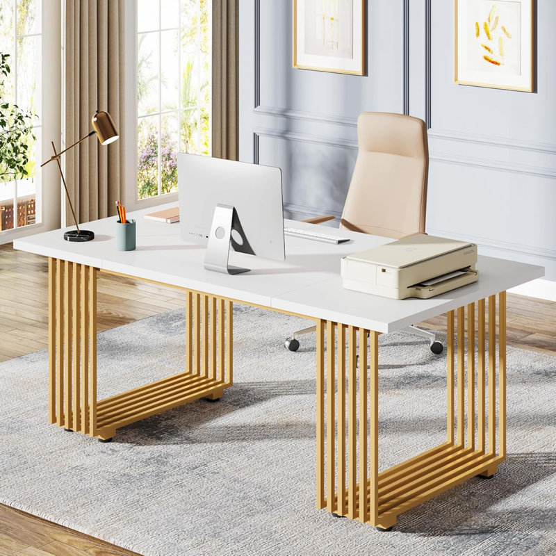 70.9” Modern Executive Desk, Large White Computer Desk with Gold Metal Legs, Wooden Office Desk for Home Office