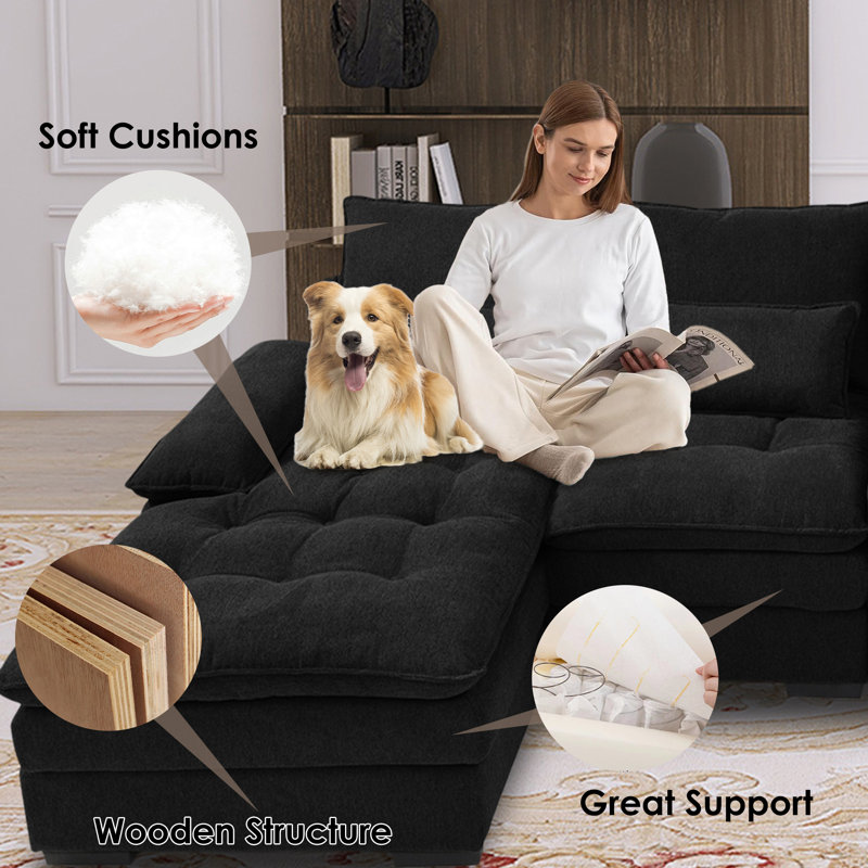 Alhertine Black U-Shape Couch with Comfy Armrests & Seat Sectionals ,Console storage and Cup Holders, Black Linen