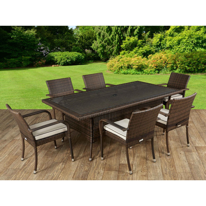 Kiska 6 - Person Patio Dining Set with Rectangular Table , Cushions Included, Chocolate/Cream